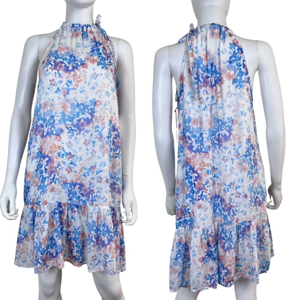 Bella Dahl Women Size M White Neck Tie Halter Ruffle Floral Mini NEW Dress Party